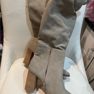 Women's Taupe Faux Suede Block Heel Boots